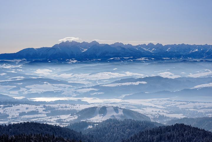 Lubań — View of the Tatra Mountains from the observation tower on Lubań