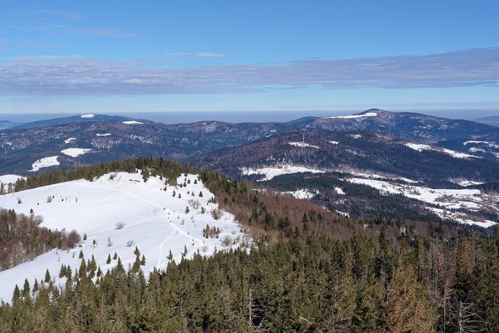 Mogielica — View from the observation tower on Gorc peak towards North, Gorc Kamienicki glade and Mogi