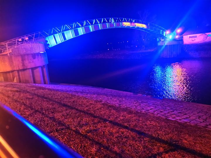 Nowa Sól — Footbridge in night, River Port Nowa Sól, Nowa Sól, Lubusz Voivodeship, Poland