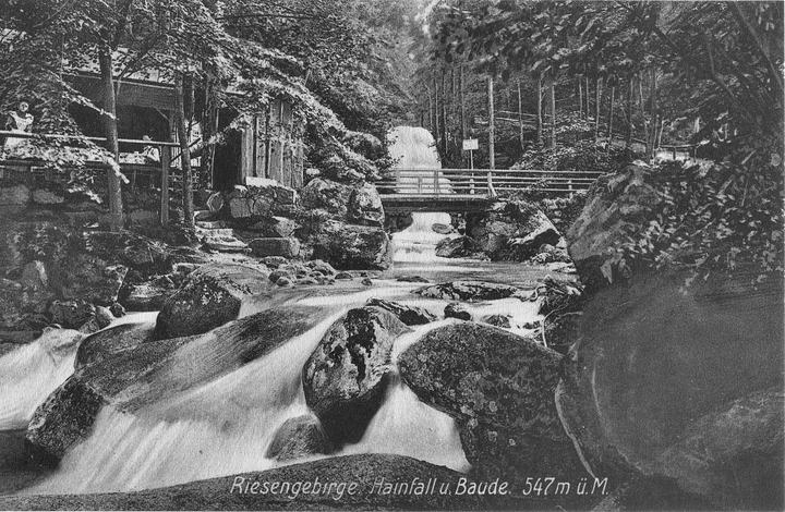 Przesieka i Wodospad Podgórnej — Podgórna Waterfall (10 m), near Przesieka, Karkonosze Mountains, Germany now Poland.