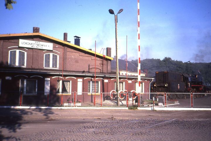 Wolsztyn — The locomotive shed and roundhouse at Wolsztyn, with an Ol49 class 2-6-2 in steam.