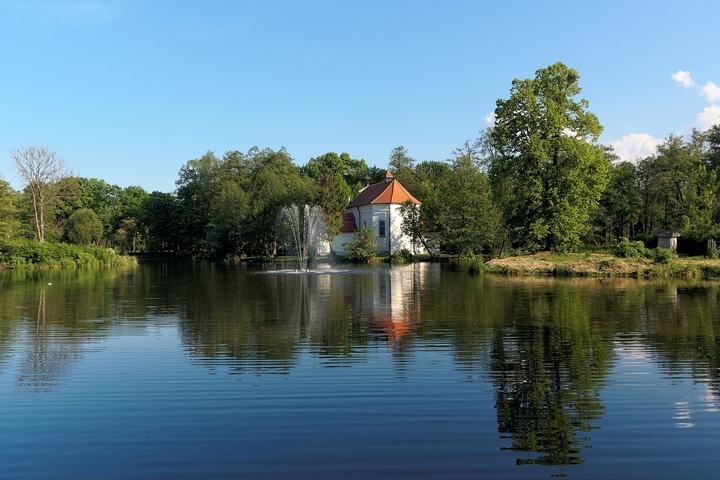 Zwierzyniec — Zwierzyniec Lake and Saint John of Nepomuk church in Zwierzyniec